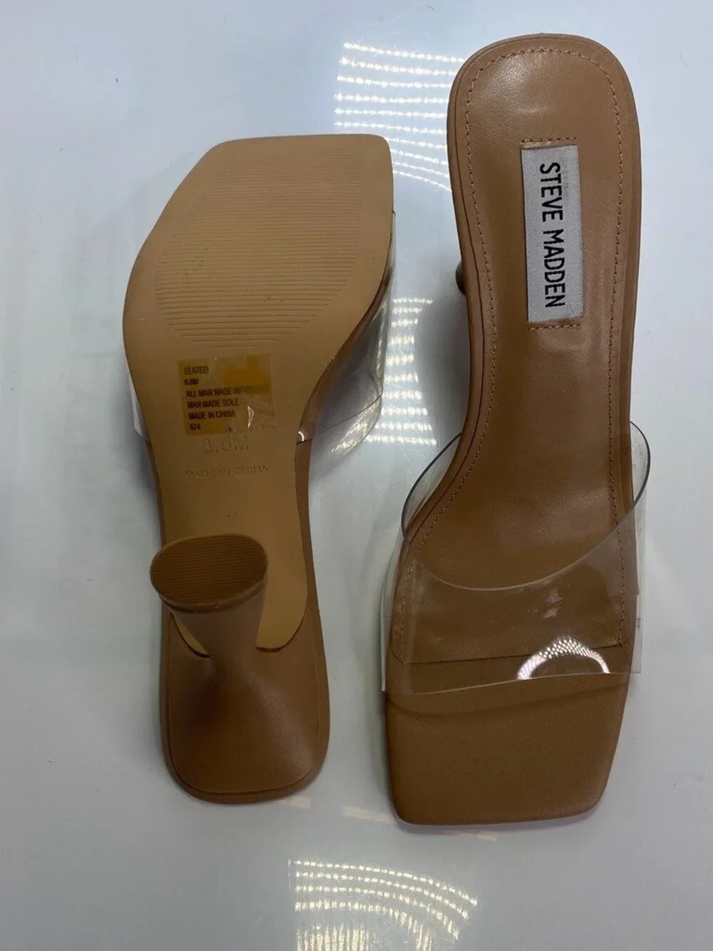 Steve Madden Women's Elated Tan Lucite Heeled Slide Sandals Sz 8.5
